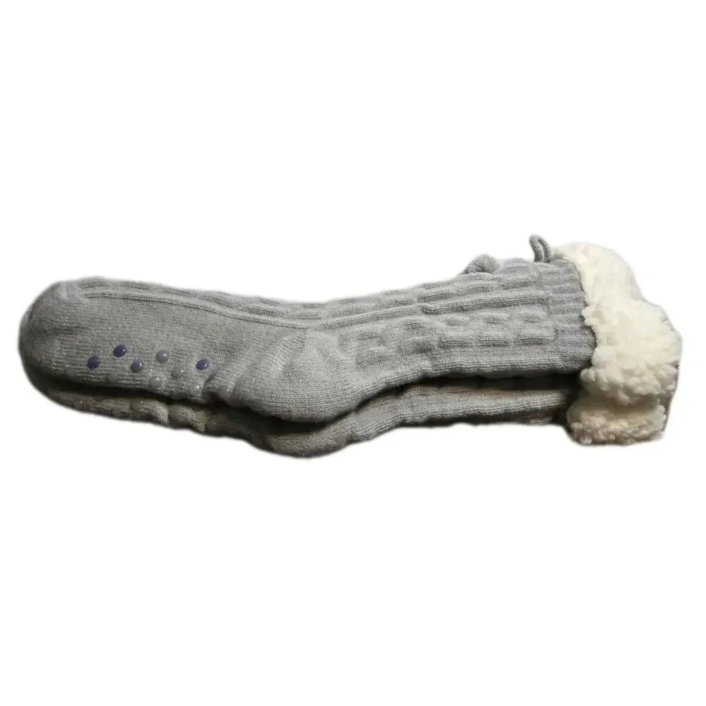 Gray Cable Knit Sherpa Lined Fuzzy House Slipper Socks Grip Cozy Warm Winter